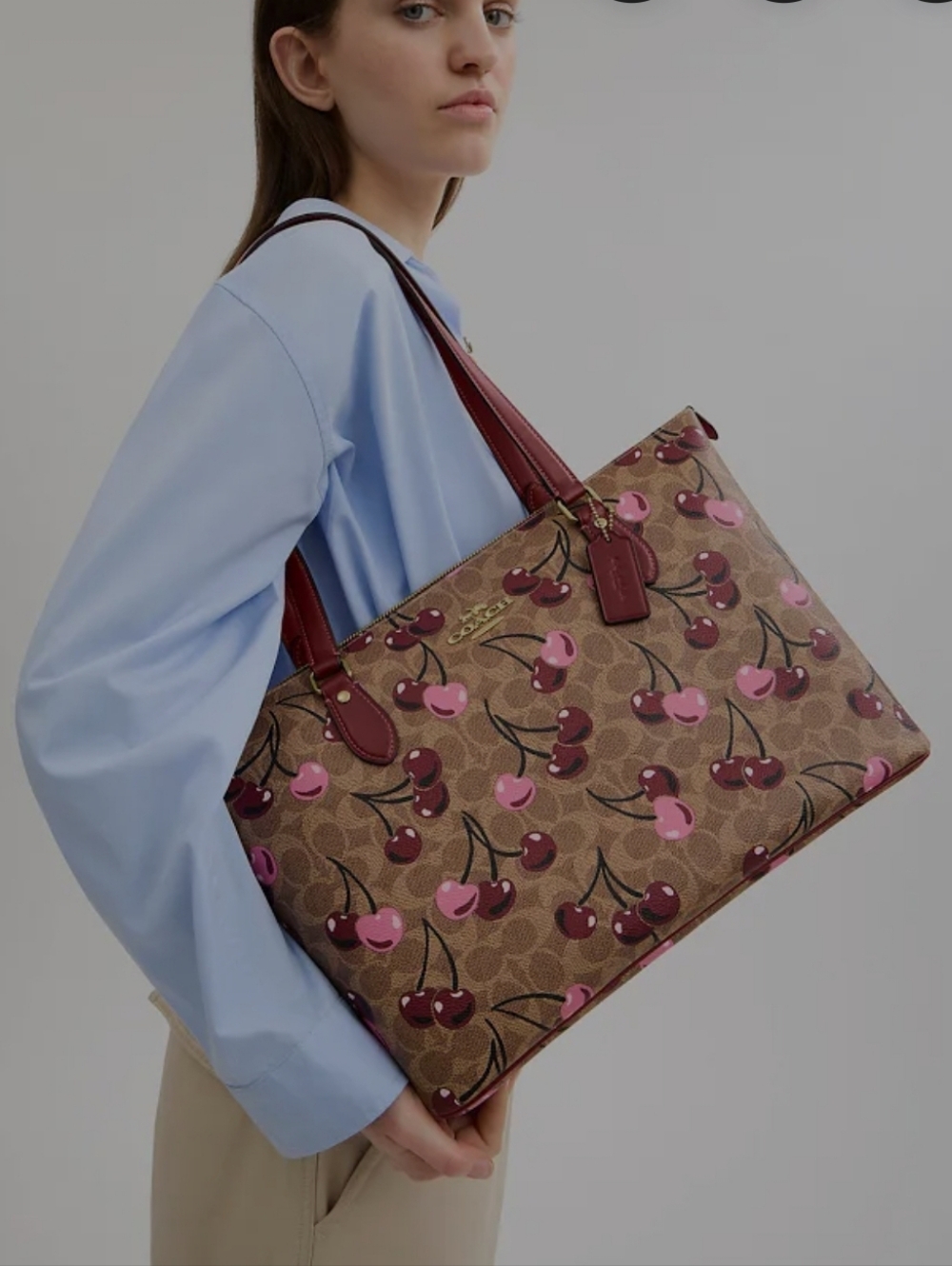 Coach Cherry-Print Signature Tote — Brown with Pink Accents NWOT - Picture 6 of 13